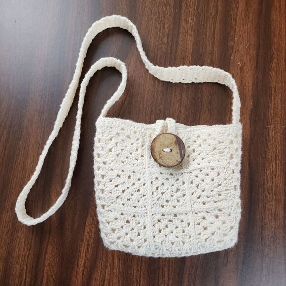 New Handmade Crochet Cotton Granny Square Crossbody Mini Bag Lined Purse Cream - Picture 2 of 11